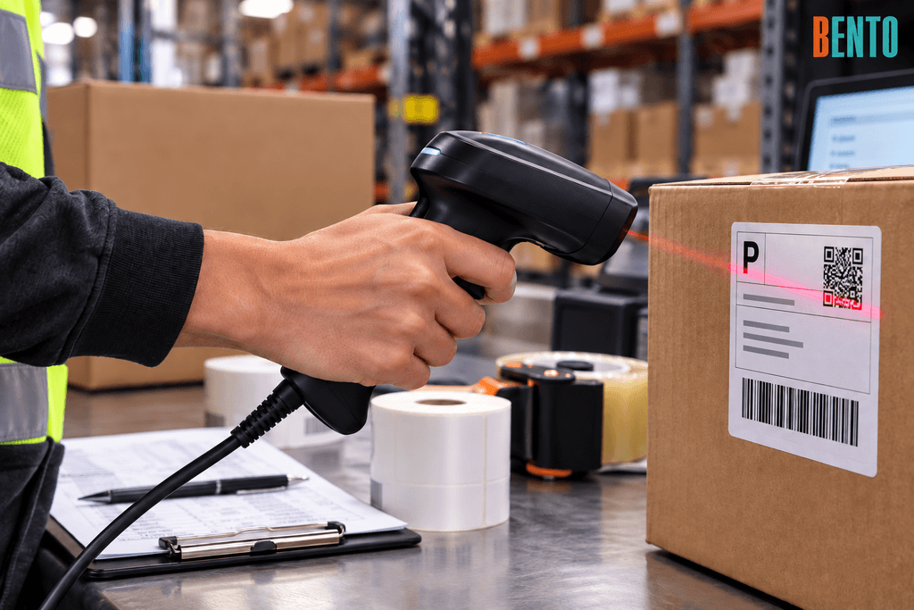 Corded handheld 2D Warehouse barcode scanner connected by USB at a warehouse pack bench