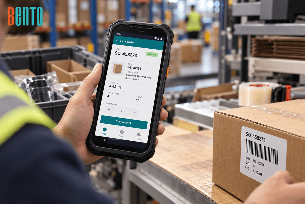  Rugged Android mobile computer with built-in barcode imager showing a warehouse management app