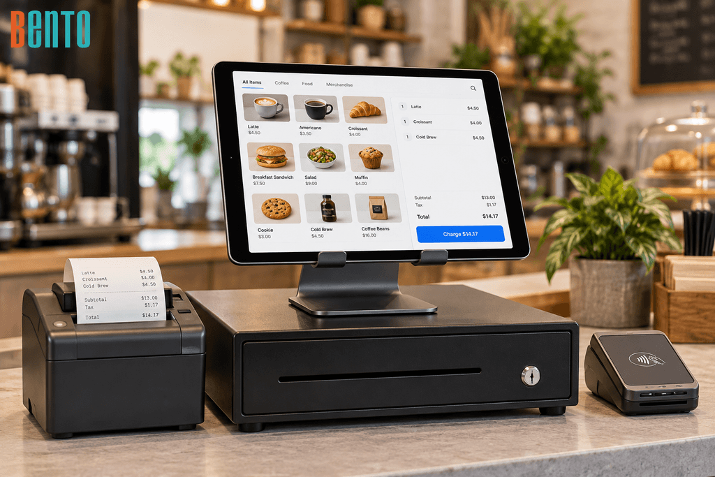 iPad point-of-sale counter setup with tablet stand, card reader, receipt printer, and cash drawer