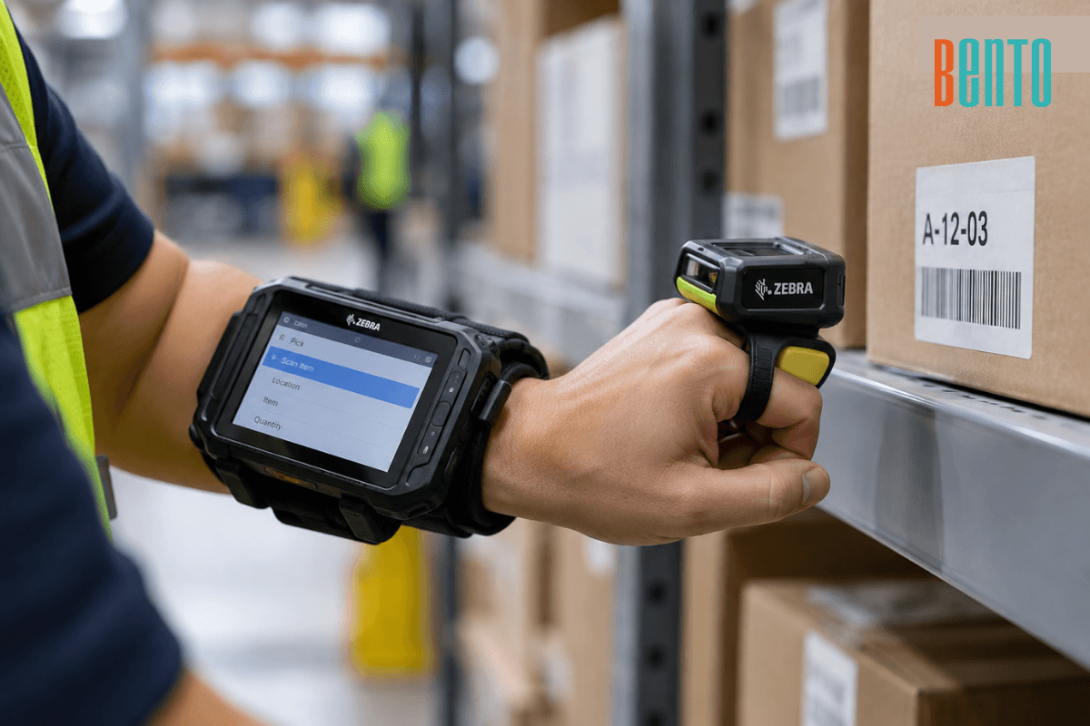 Zebra-style ring barcode scanner worn on a finger with a wrist-mounted computer in a distribution center