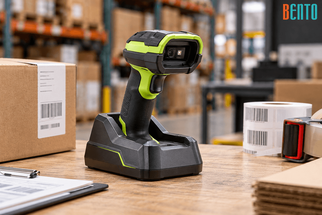 Cordless Bluetooth 2D handheld barcode scanner with charging cradle in a warehouse